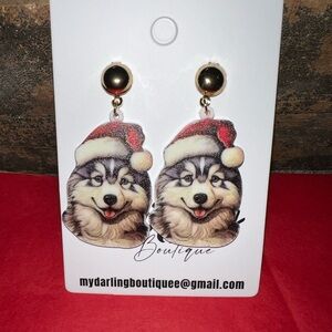 Festive Husky Earrings with Santa Hat
